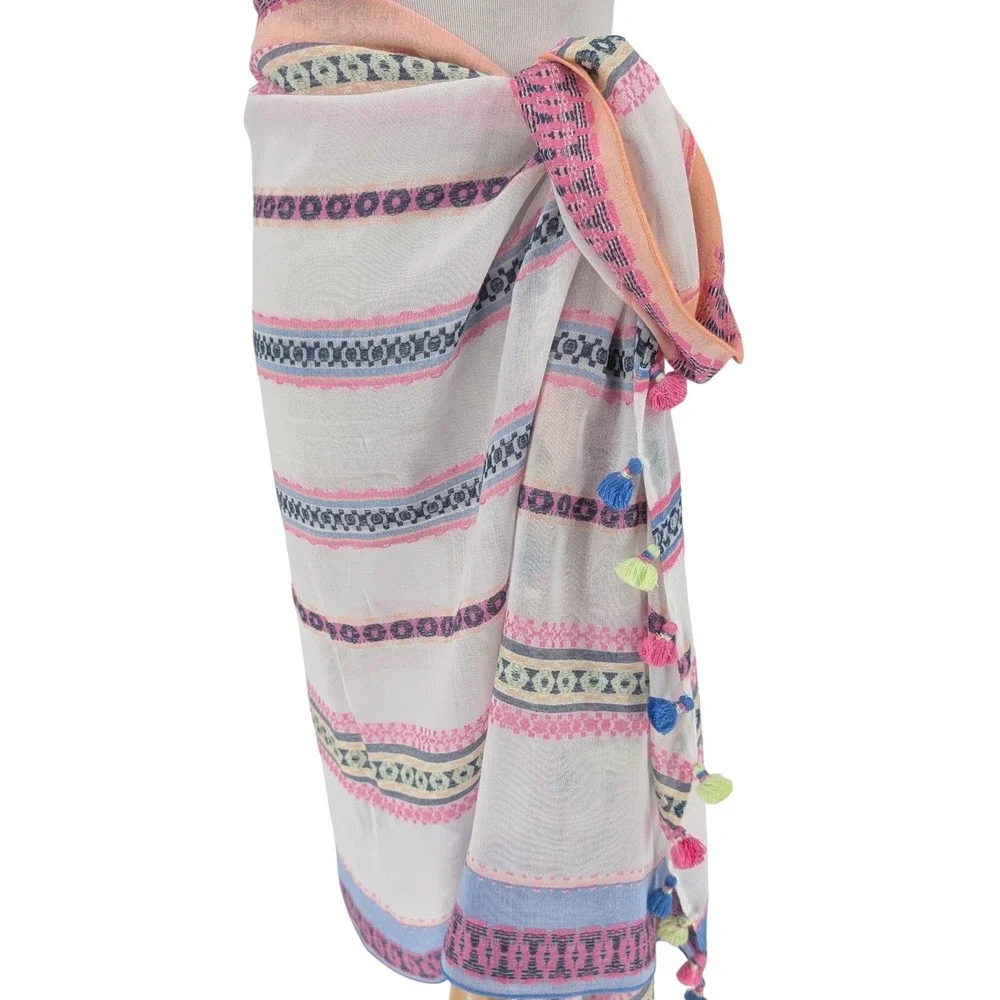 Tommy Bahama Tahitian Jacquard Scarf‎ OS Fuschia Bloom Tassel Sarong Wrap Pareo